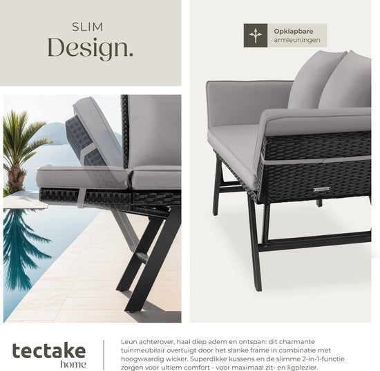 tectake® 2-in-1 Wicker Tuinbank Sintra - Verstelbare Leuningen - Tuinset - Ligbed - Balkon Loungebank - Incl. Kussens - Outdoor Loungesofa - UV- en Weerbestendig Zonnebed - Lichtgrijs/Zwart