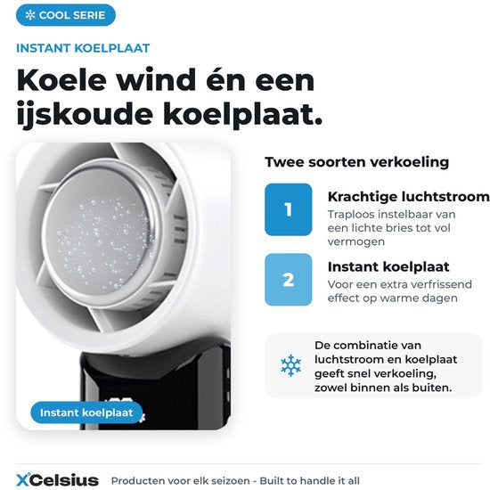 XCelsius® Handventilator - Draagbare Mini Ventilator Opvouwbaar - Oplaadbaar met USB-C - 0% tot 100% traploos instelbaar - Met Instant Koelplaat - Wit