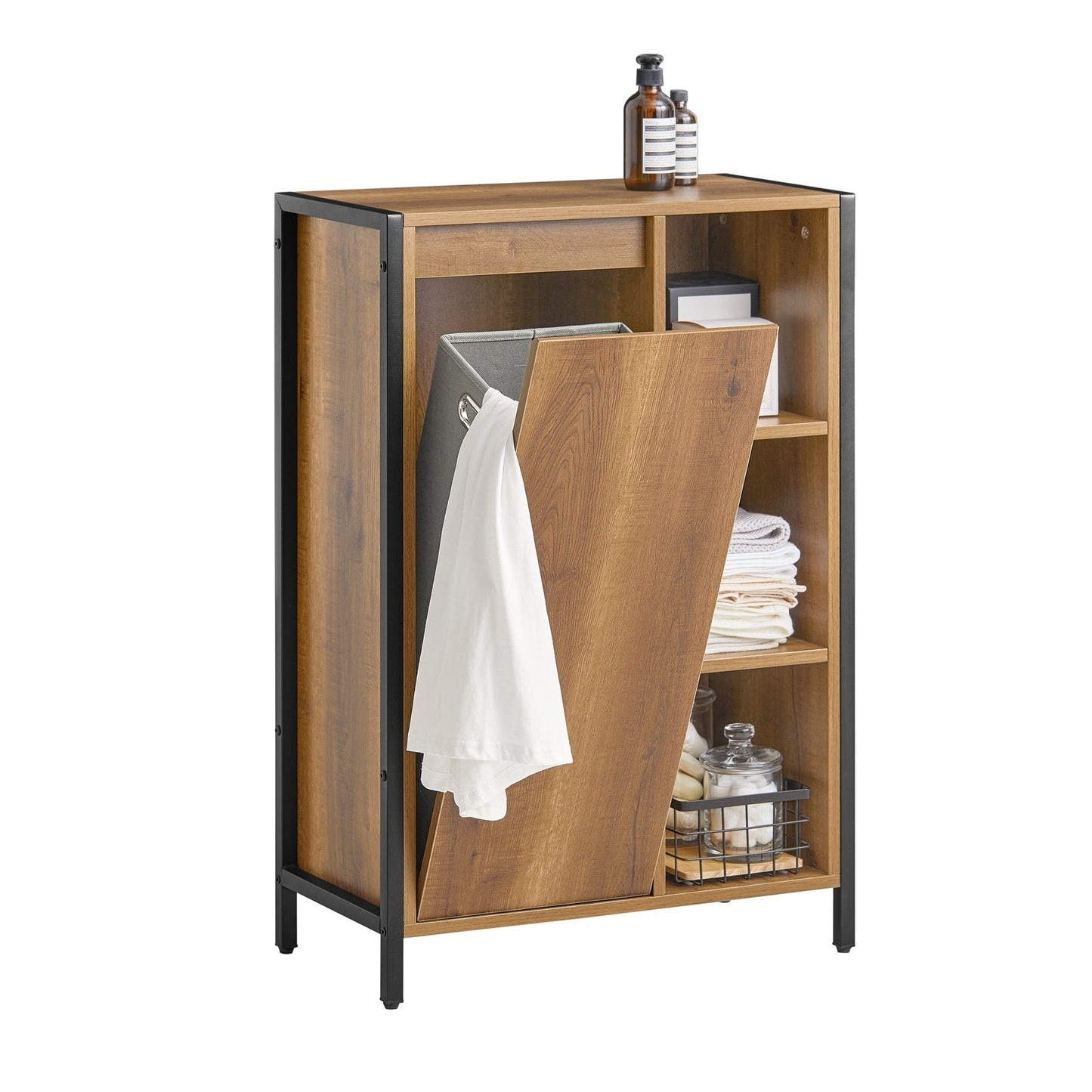 SoBuy Badkamerkast - Kantelbare Wasmand - 3 Compartimenten - 24 x 24 x 60 cm - Houtkleurig