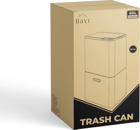 Bayt Prullenbak 60 Liter - Vuilnisbak 60 Liter - Prullenbak Afvalscheiding - 2 Compartimenten - RVS - Zilver