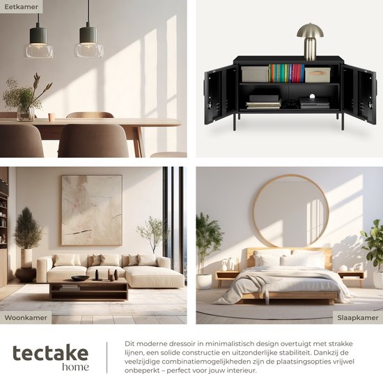 tectake® Stalen Dressoir - TV Meubel - 100 x 42,5 x 65 cm - Commode - Verstelbare Planken - 2 Deuren met Magneetsluiting - Lowboard - Metalen Kast - Zwart