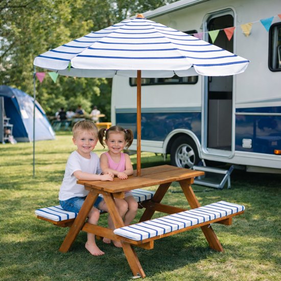 Pro Garden Picknicktafel voor kinderen - blauw/wit - 75 x 75 cm - hout/polyester - incl parasol - incl 2 kussens - tuinset