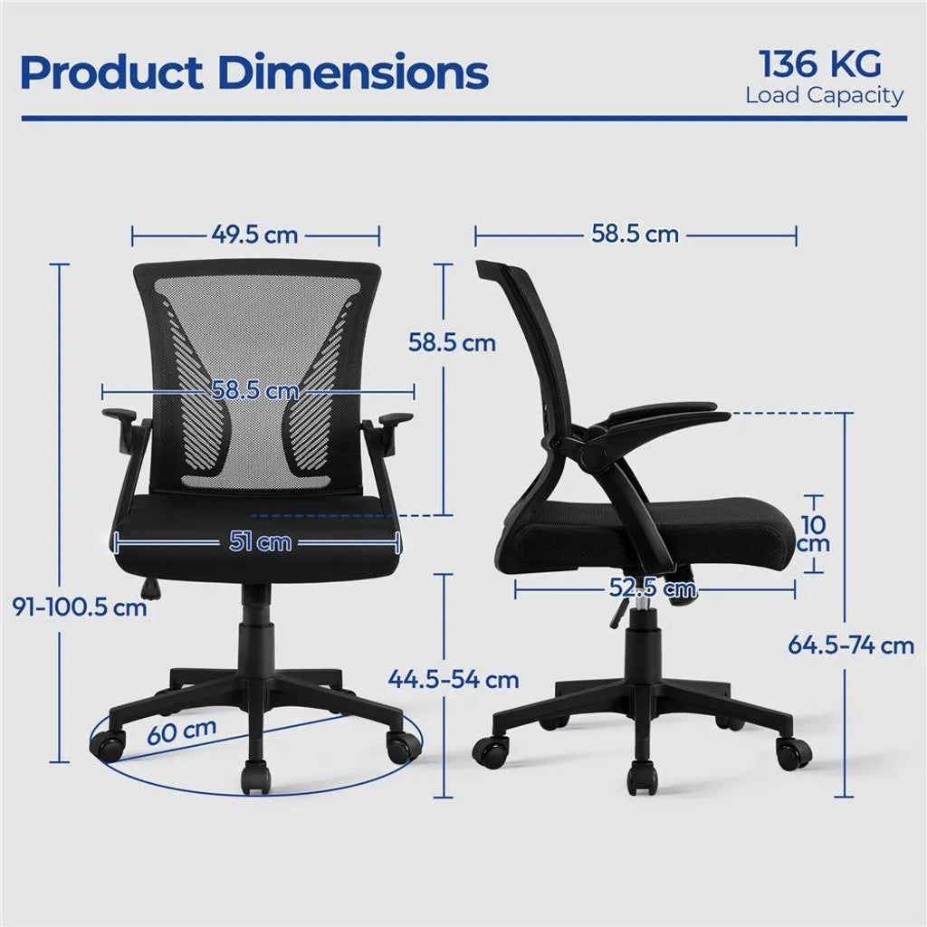 Yaheetech Ergonomische Bureaustoel met Verstelbare Armleuningen, tot 136 kg, Zwart