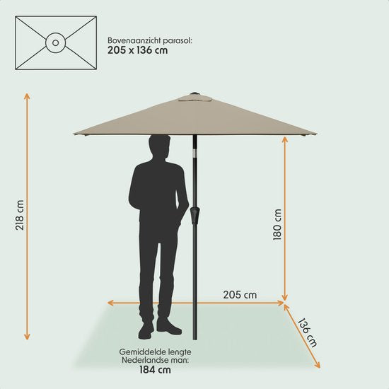 LifeGoods Parasol - Tuin - 210x140cm - 30° Kantelbaar - Waterdicht - UPF50+ - Taupe