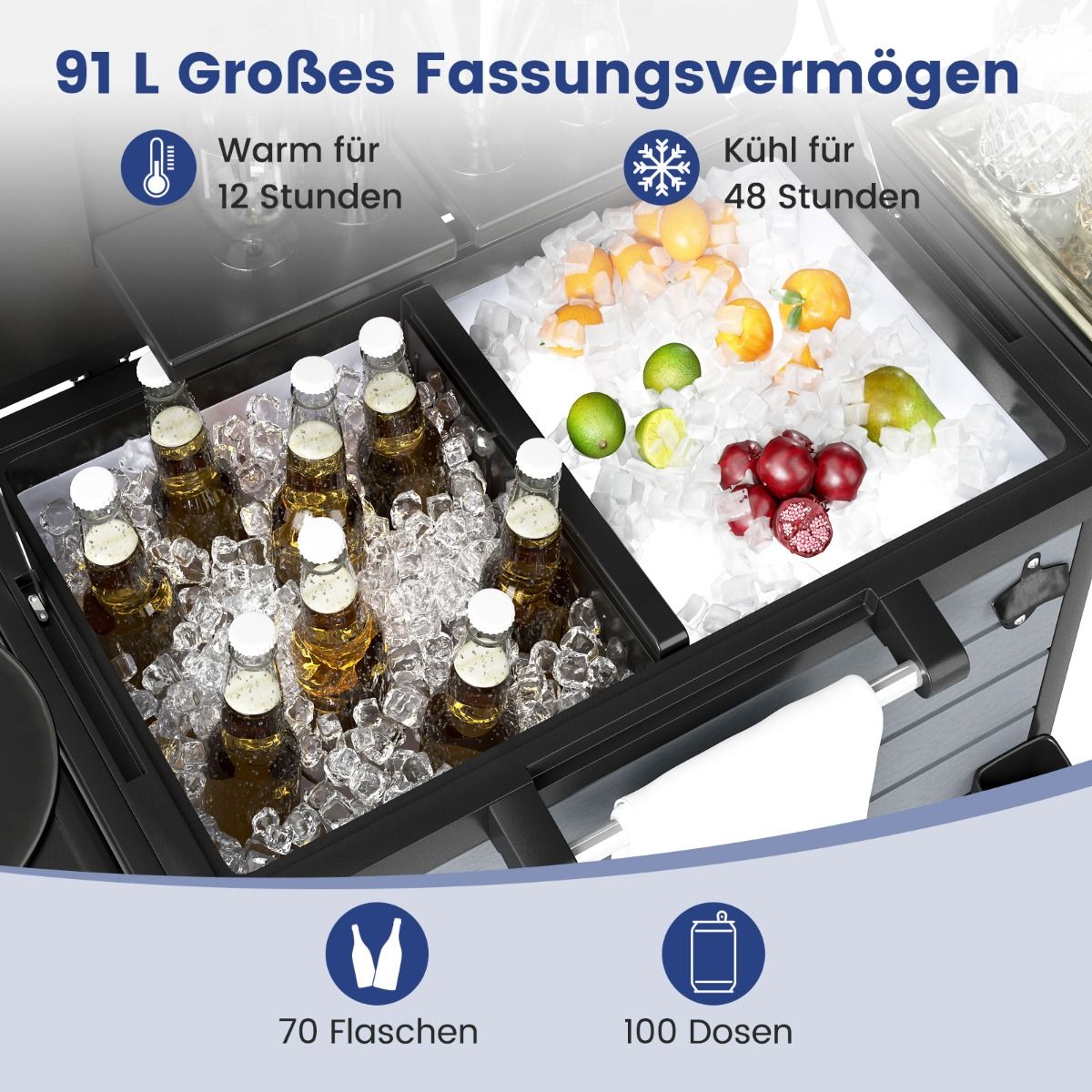 Coast Verrijdbare Koelwagen - 91 liter - met zijtafels en flessenopener - zwart/grijs