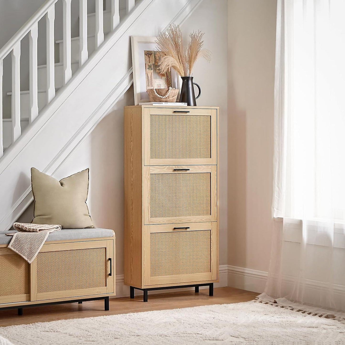 SoBuy schoenenkast met 3 kleppen - rotanlook – smal design – 60 x 24 x 127 cm – naturel