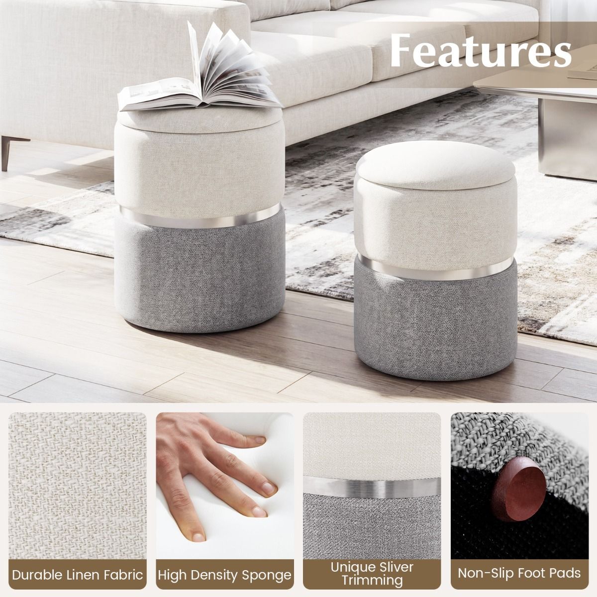 Coast Opbergpoefenset - set van 2 ronde poefs - linnen stof - zilveren accentring - beige en grijs