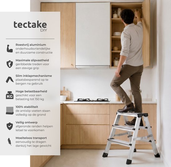tectake® Dubbelzijdige Aluminium Keukentrap - 3 Treden - 58 cm - Stevige Trap Ladder - Opklapbaar Opstapje - Antislip Huishoudtrap