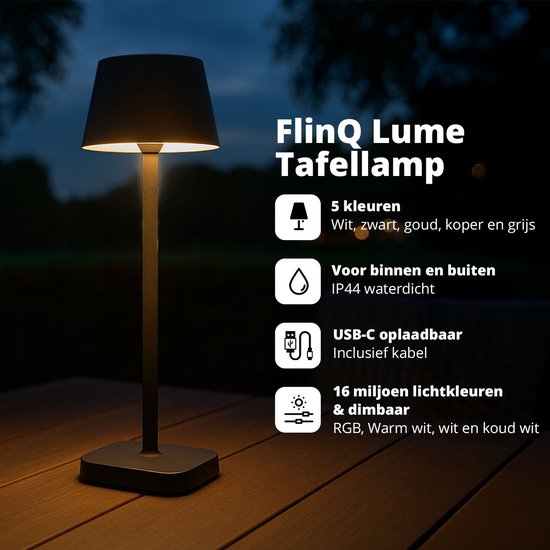 FlinQ Smart Tafellamp Lume - Oplaadbaar en met Touch Bediening - Voor Slaapkamer en Woonkamer - Draadloze Lamp ook als Schemerlamp - Dimbaar en Ideaal voor Nachtkastje - Industrieel - Wit