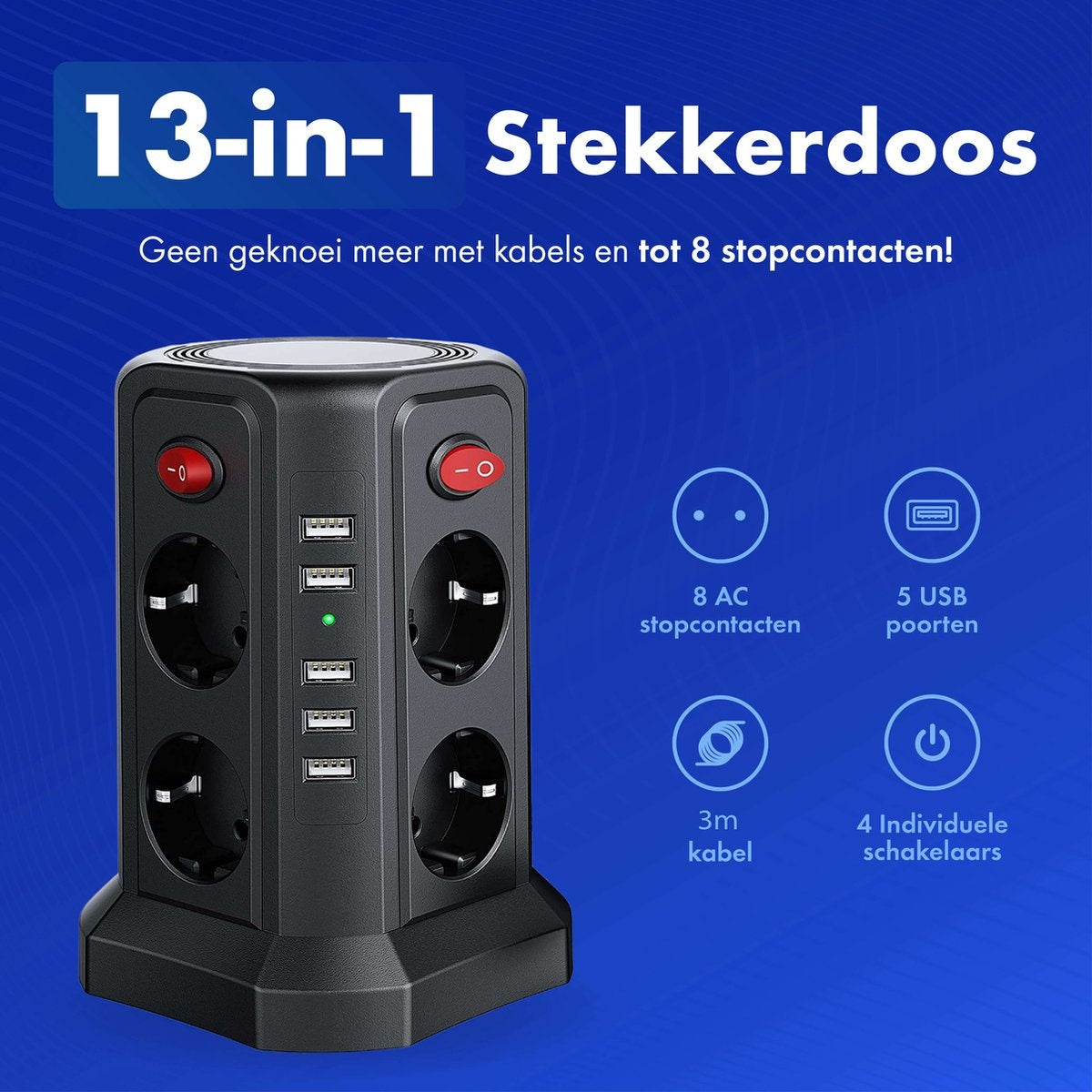 Stekkerdoos met Schakelaar en USB - Energiebesparende Aan/Uit Knoppen - Stekkerblok - Verdeelstekker - Powercube - Zwart - 3 Meter Kabel
