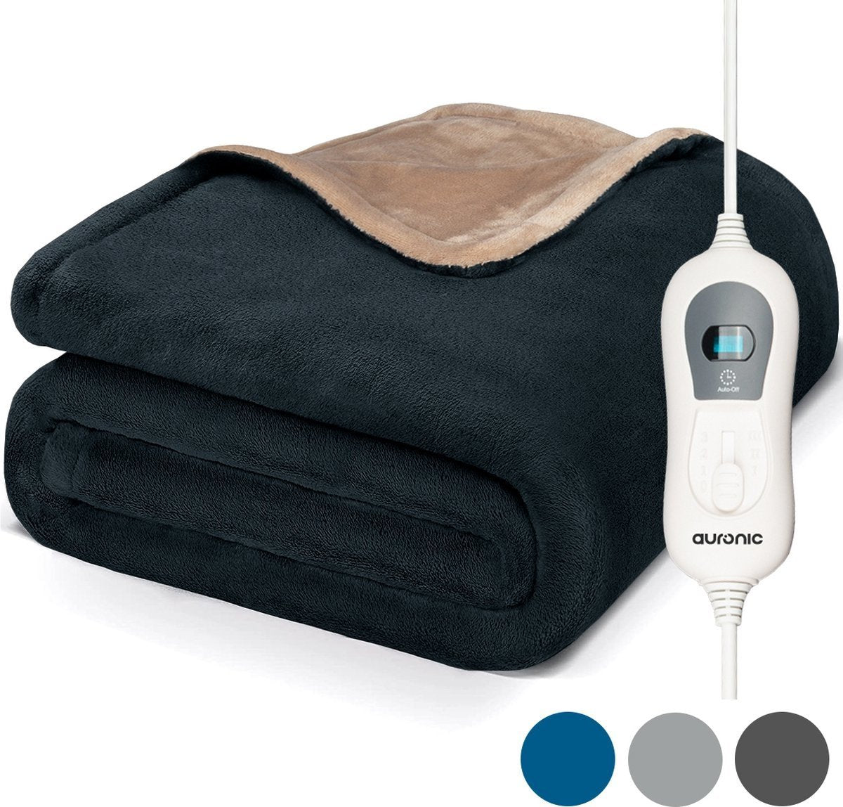 Auronic Elektrische Warmtedeken - 2 Persoons - 3 Warmtestanden - Bovendeken met Timer - 200 x 180 cm - Antraciet
