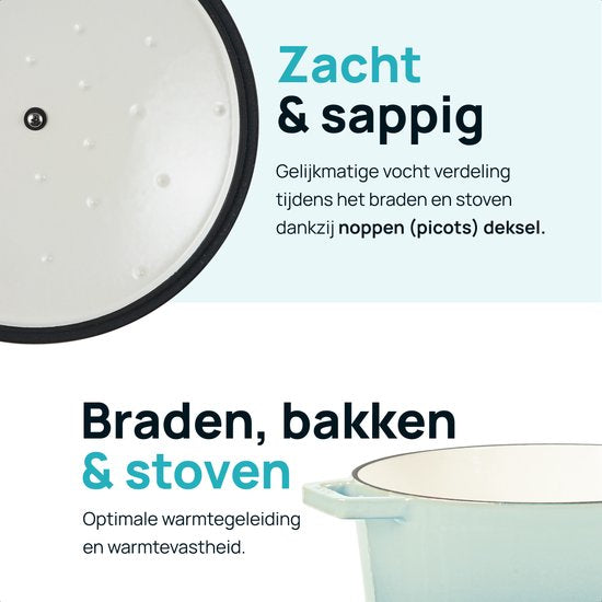 MOA Gietijzeren Braadpan - 5,7L - Voor Alle Warmtebronnen incl. Inductie - Met Deksel - Ø 26cm - Anti-Aanbaklaag - Lichtblauw