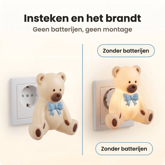 Cheqo® Nachtlampje Kinderen voor Kinderkamer en Babykamer - Baby Nachtlamp Beer Beertje - Stopcontact Lamp - LED Nachtlicht voor Slaapkamer - Stekkerlampje Dier Sfeerlampje - Warm Wit Stopcontactlampje voor Kind en Kindje