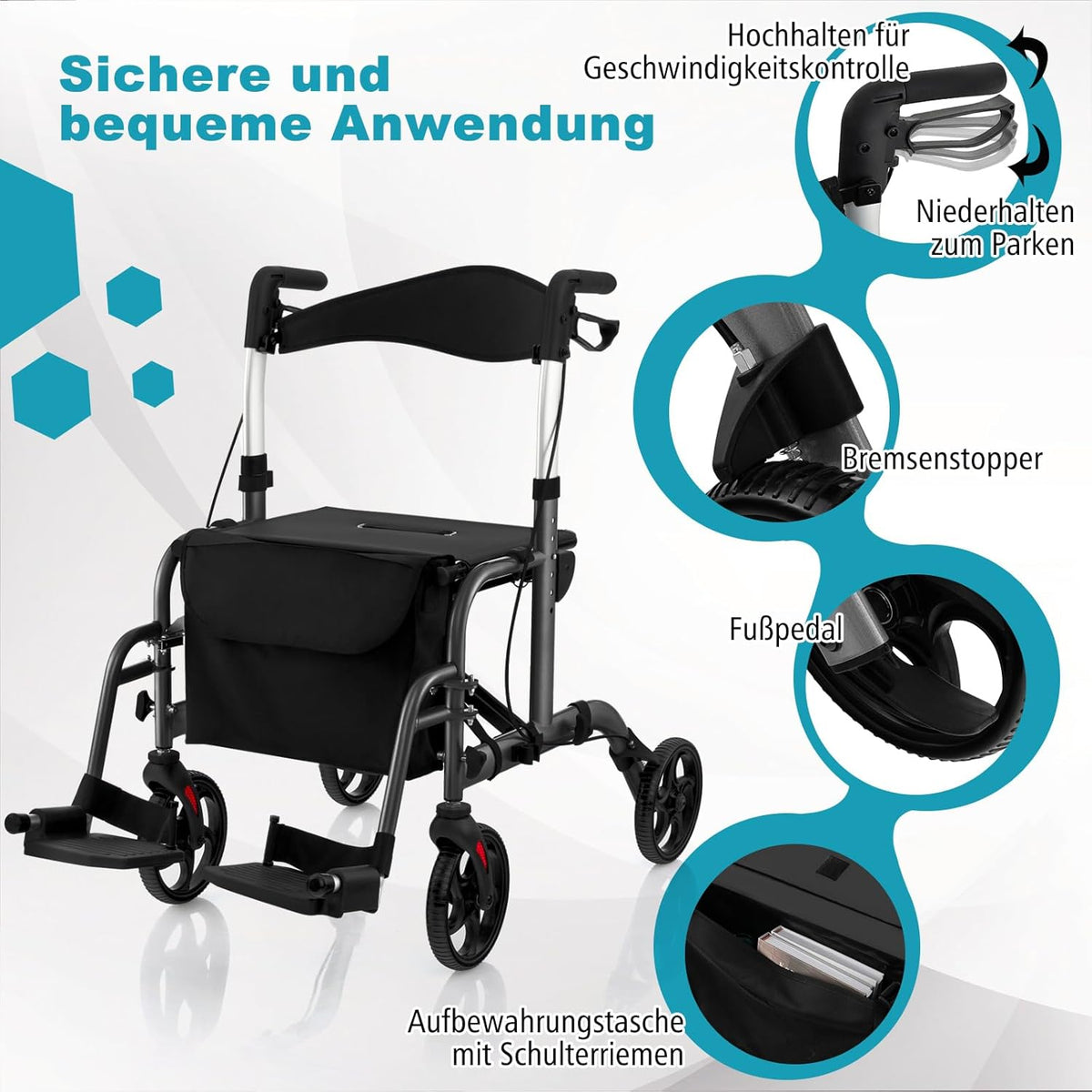 Coast Opvouwbare Rollator - Multifunctioneel - Verstelbare Hoogte - Met Tas en Stokhouder - Zwart