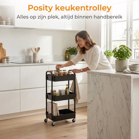 Posity Keukentrolley op wieltjes – Serveerwagen / Opbergtrolley / Keukenrek / Trolley Keuken – Verrijdbaar en Vast – 3 Lagen – Kunststof – Zwart