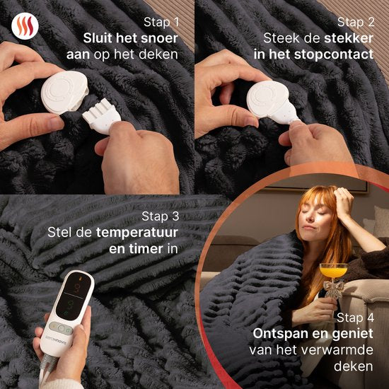 Seranova Elektrische Deken XXL - Extra Warmtedraden - Gestreept Model - 180x160 cm - 2 persoons Warmtedeken - Dubbelzijdig Fleece - Grijs
