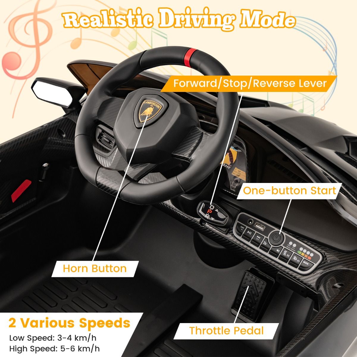 Coast Lamborghini Gelicentieerde Elektrische Auto - 12V Batterij - Afstandsbediening - 3 Snelheden - Hydraulische Deuren - Zwart