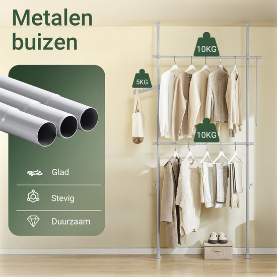 SoBuy Telescoop Kledingrek - Verstelbaar Opbergsysteem - Klerenrailsysteem - B(75–126) × H(200–295) cm, Grijs FRG109-II-HG