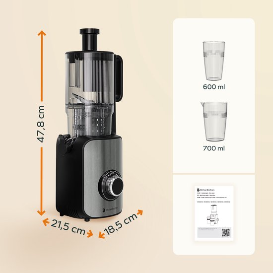 KitchenBrothers Slowjuicer - Verticaal - Juicer - Groenten en Fruitpers - 126 mm - 750 ml - Zwart