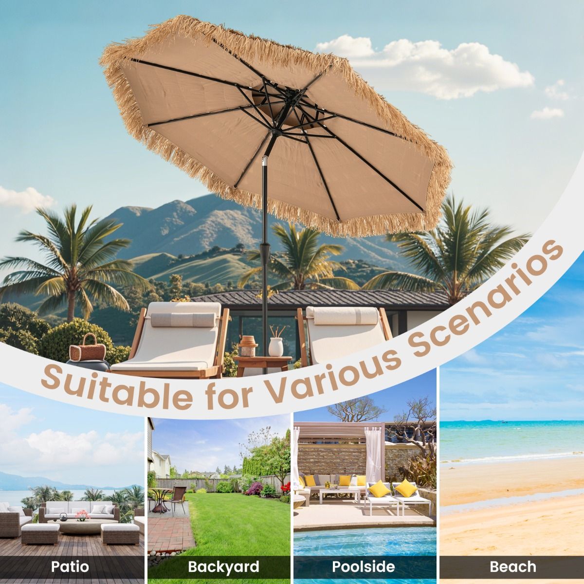 Coast Hawaïaanse Rieten Tiki Parasol 267x247 cm – Natuurlijke Terrasparasol met Zwengel, Kantelmechanisme & 8 Stevige Baleinen