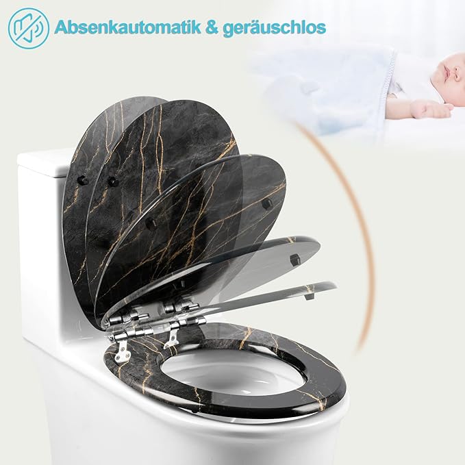 eSituro Wc Bril Met Softclose Mechanisme Toiletbril Universeel – Voorzien Van Snelsluiting Systeem En Antislip Buffers En Driezijdige Transferprint – Voor Toilet En Badkamer – Meerkleurig MDF En Rvs Scharnieren – 375 x 440 mm