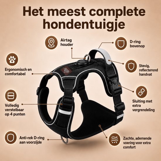By Cee Cee Hondentuigje Hondenharnas - Anti Trek Tuig - Y Tuig Hond – Reflecterend Honden Tuigje – Zwart – Maat XL