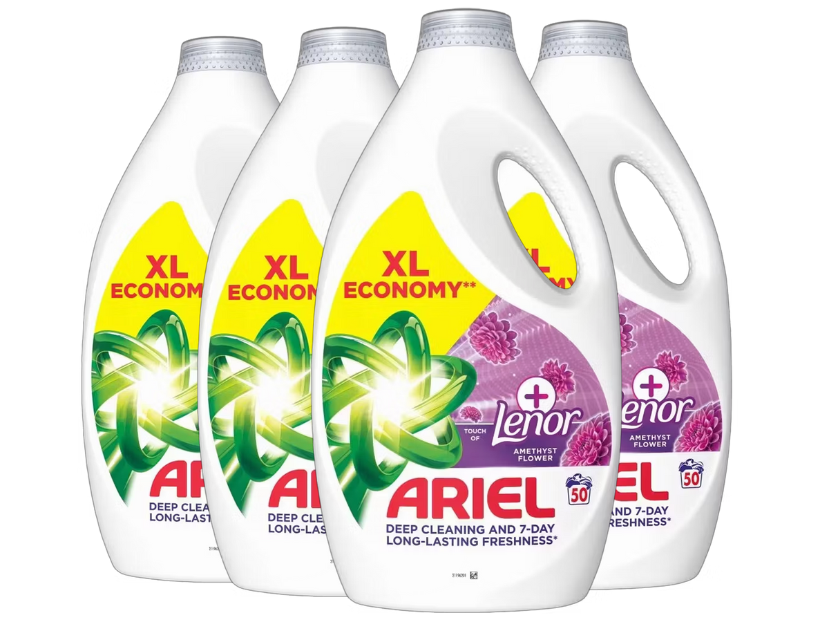 Ariel Vloeibaar Wasmiddel + Lenor Amethyst Flower - 4 x 2,25 l - 200 Wasbeurten - Tot 7 Dagen Frisheid