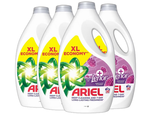 Ariel Vloeibaar Wasmiddel + Lenor Amethyst Flower - 4 x 2,25 l - 200 Wasbeurten - Tot 7 Dagen Frisheid