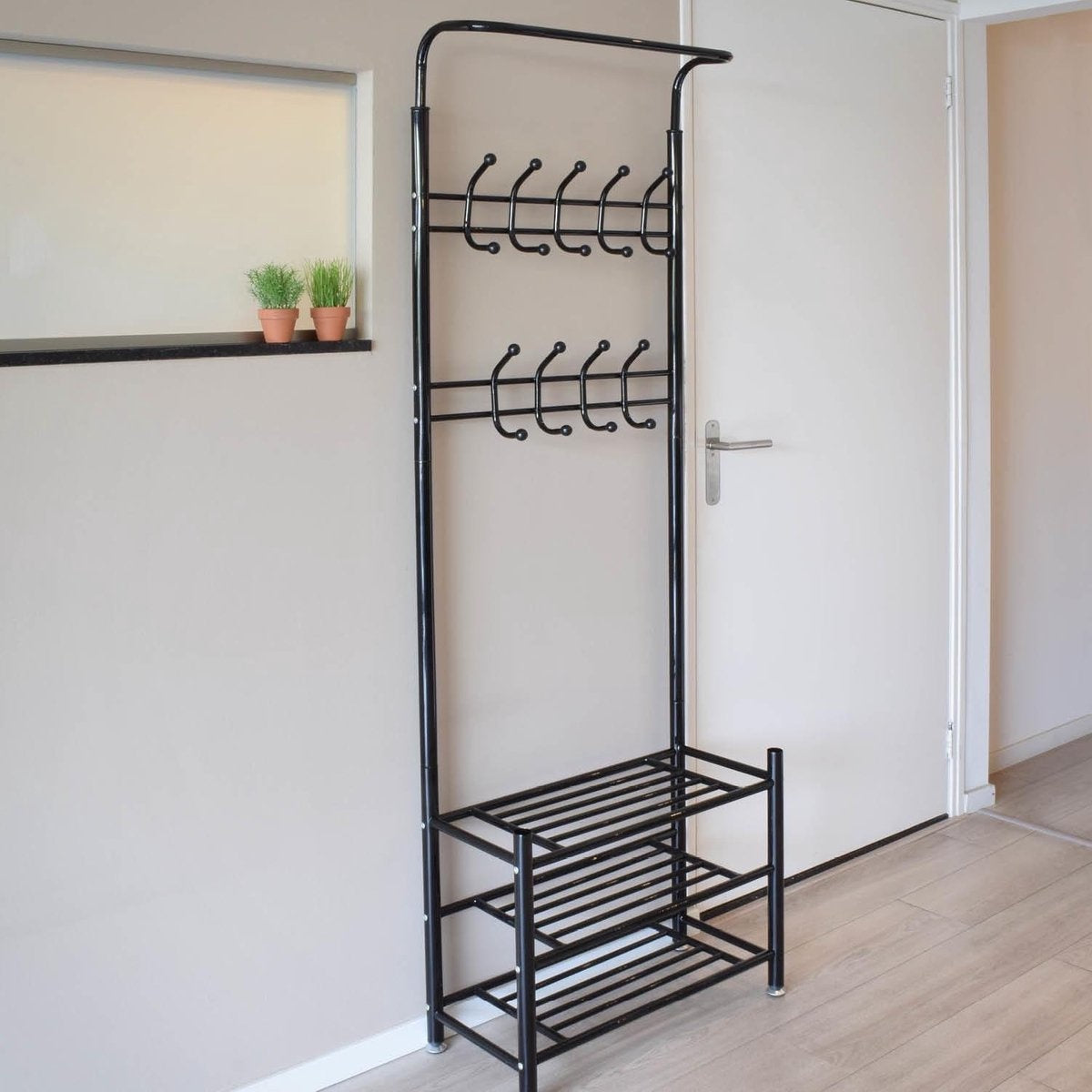 O'DADDY® kapstok staand – kapstokken - kapstok met schoenenrek – kapstok zwart - garderoberek - garderoberek met kapstok - garderoberek met schoenenrek- garderoberek metaal - 66 x 30 x 190 cm - zwart