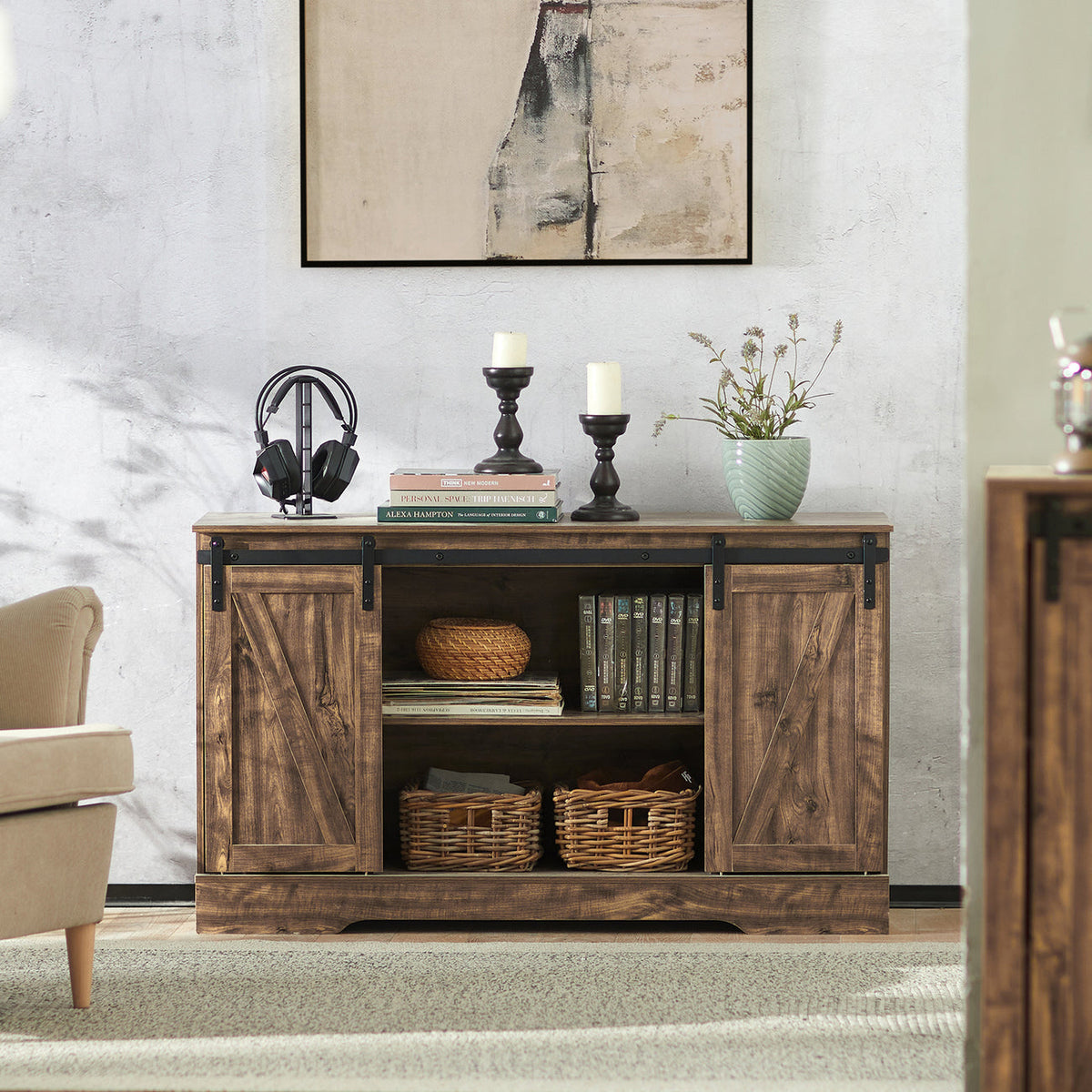 SoBuy Opbergkast – Schuifdeur, Verstelbare Planken, Landelijk Design – 120 x 40 x 70 cm – Kastanjebruin
