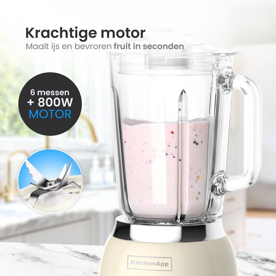 KitchenApp Retro Blender 1,5L – Glazen kan – 800W – Crushed Ice, Smoothie & Pulse – Beige
