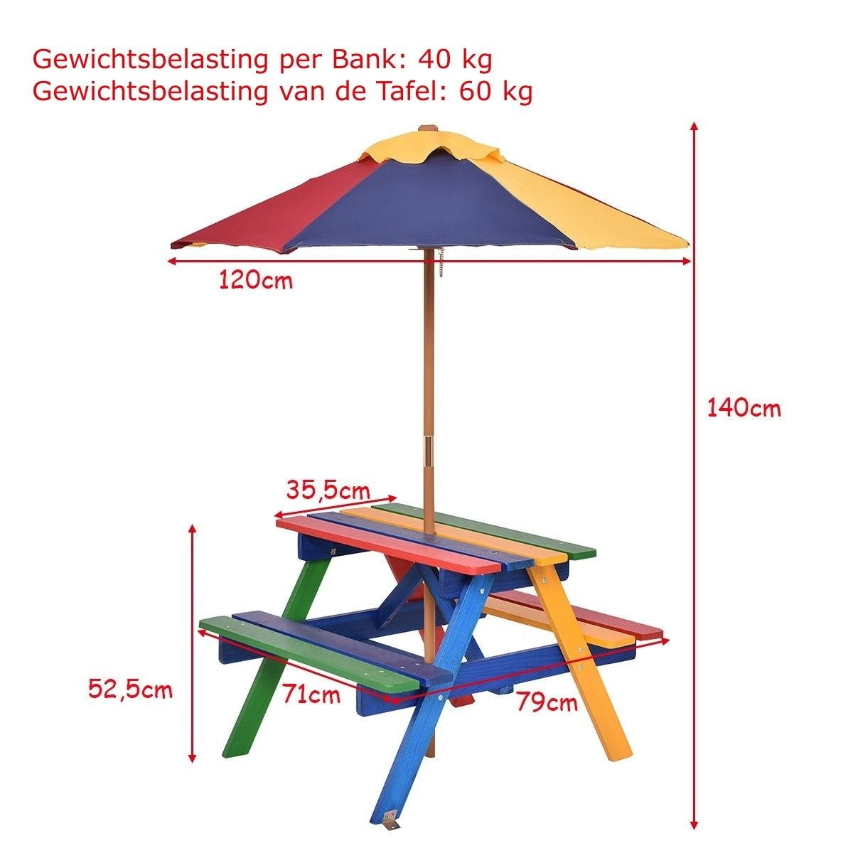 Coast Kinder Picknicktafel set - Hout - Met Verwijderbare Opvouwbare Paraplu - 79 x 71 x 52,5 cm