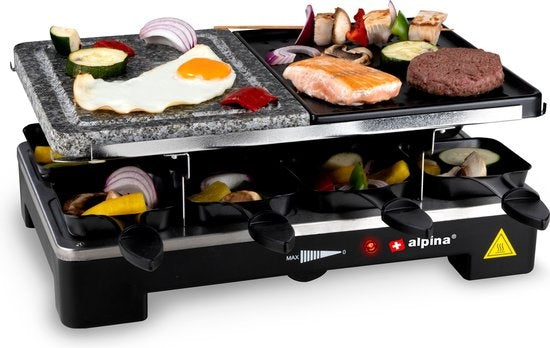 alpina Gourmetstel Bakplaat - 8 Personen - Incl. Spatels en Raclettepannetjes