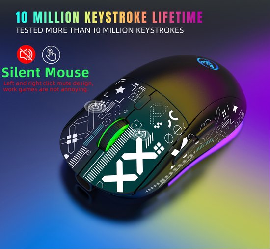 HXSJ T90 2.4G Stille Draadloze Gaming Muis - Bluetooth - Computermuizen - Ultra licht - RGB Verlichting - Zwart