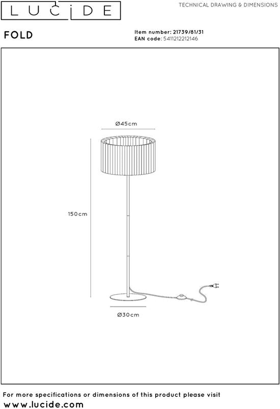 Lucide FOLD - Vloerlamp - Ø 45 cm - 1xE27 - Wit - Japandi
