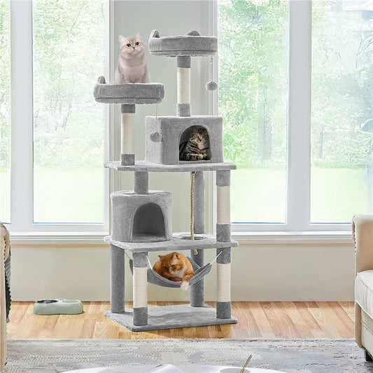 Yaheetech Krabpaal 158 cm - Lichtgrijs - Kattenboom met 2 Kattengrotten, Hangmat en Sisalpalen
