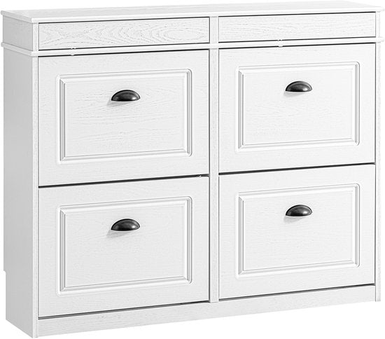 SoBuy FSR79-WG Schoenenkast met 4 kleppen, schoenenkast, entree, schoenenkast, schoenenrek, 16 paar, voor hal, entree, 103 x 23 x 82 cm, antiek houteffect, wit