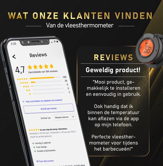 MostEssential AT-02 Vleesthermometer - Incl. Bluetooth, App & 2 Meetsondes - Zwart