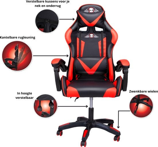 No Fear Gaming Stoel - Game Stoel - Bureaustoel - Hoogte Verstelbaar 46 tot 56cm - Rood/Zwart