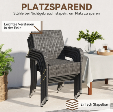 Yaheetech Rotan Tuinstoelen Set van 2 - Grijs - 58 x 58 x 84 cm - Stapelbaar, met Armleuning