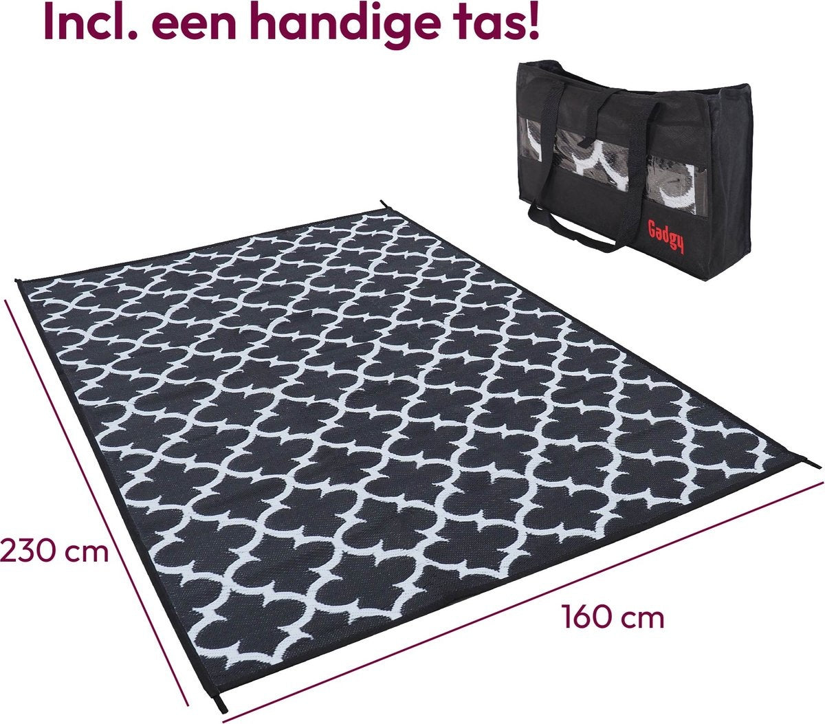 Gadgy Picknickkleed XL - Omkeerbaar - Incl. Draagtas - 230x160 cm - Wit/Zwart