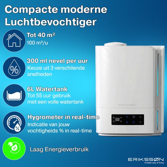 Erikssøn Luchtbevochtiger Hydra Comfort - 6 Liter - Geschikt voor Woonkamer, Kantoor, Slaapkamer, Babykamer - Met Aromatherapie - Wit