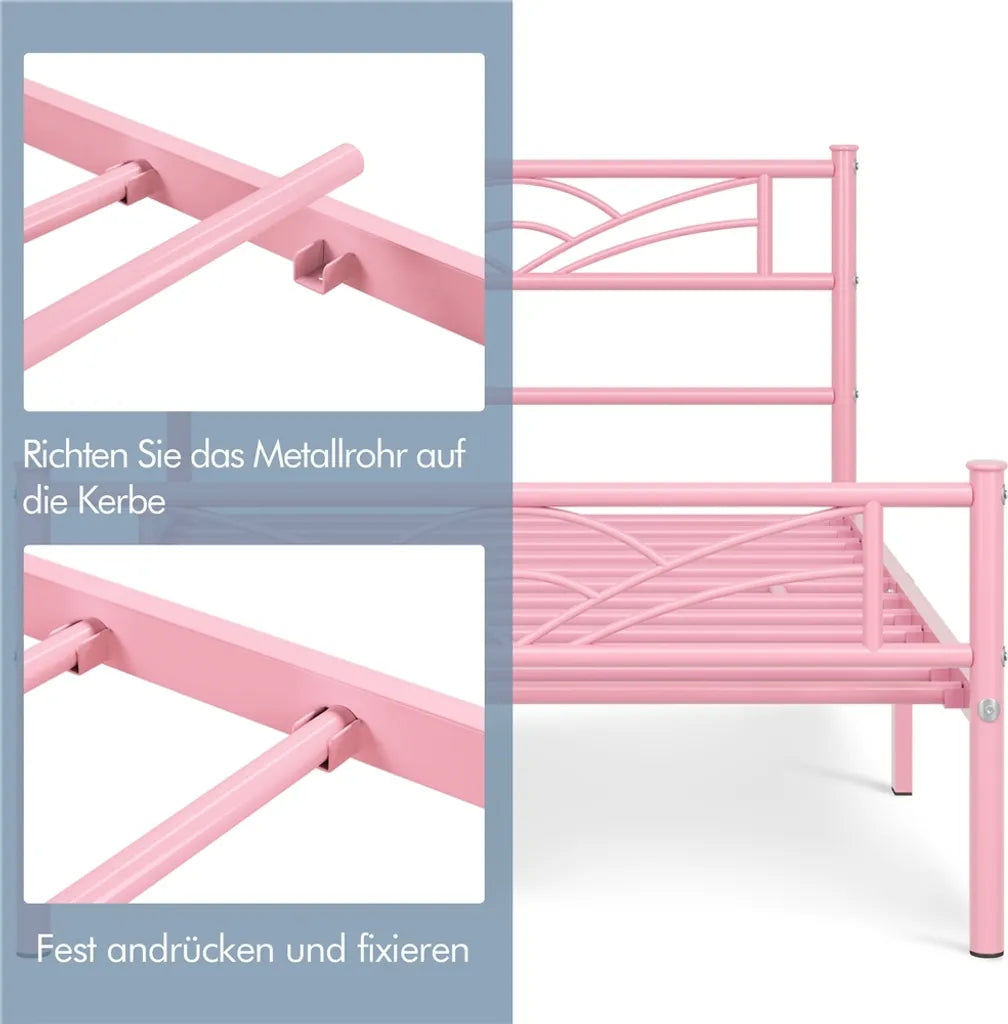 Yaheetech Metalen Bedframe 90 x 190 cm - Lichtroze - Eenpersoonsbed met Wolkenpatroon Hoofdbord