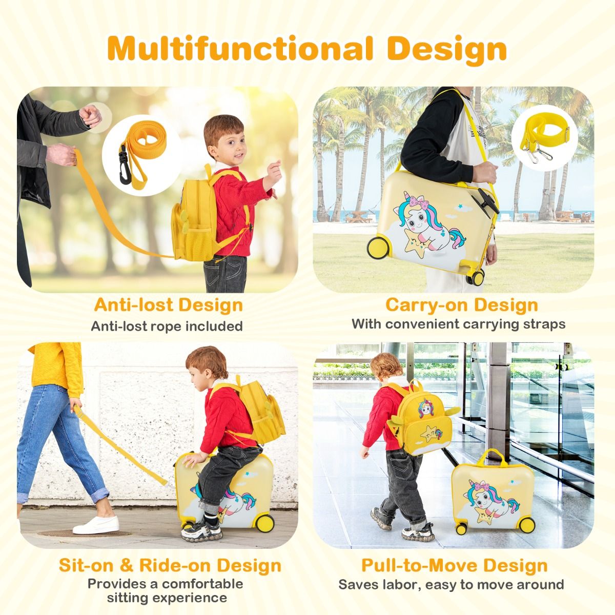 Coast Kinderkoffer en Rugzak Set - Ride-on Koffer met Wielen - Rugzak met Schattig Bijenmotief - Geel