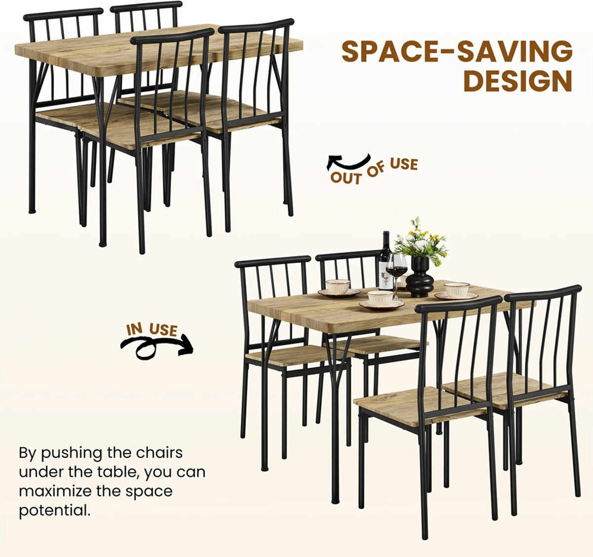 Yaheetech 5-delige eethoek voor 4 personen - Tafel met 4 stoelen - 110 x 70 x 76,5 cm - Bruin