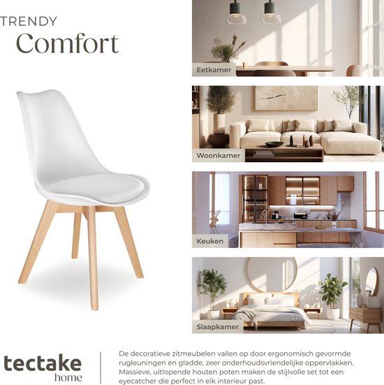 tectake® Eetkamerstoel Frederikke - Set van 4 Eetkamerstoelen met Gevoerde Stoffen Zitting - Massief Houten Poten - Ergonomische Stoelen geschikt voor Woonkamer, Eetkamer, Slaapkamer en Keuken - Draagkracht 120kg - Wit