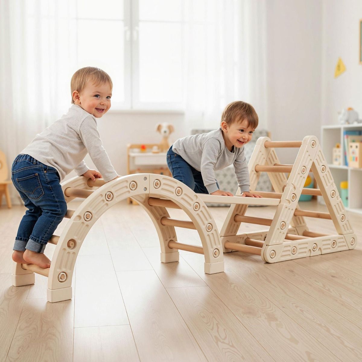 Coast Montessori klimset voor kinderen - 5-in-1 houten klimrek met boog en dubbelzijdige ladder - beige en koffie