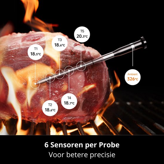 Typhur Sync One - 6-sensor probe - Draadloze vleesthermometer - BBQ thermometer - Bluetooth & WiFi - Waterdicht en hittebestendig - Batterijduur tot 50 uur - Slimme app-integratie - Compact met laadstation - Voor elke kookstijl