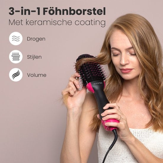 Auronic 3-in-1 Föhnborstel - Keramische Magic Brush - Airstyler - Lang/Stijl/Krullen - 1000W - Zwart/Roze