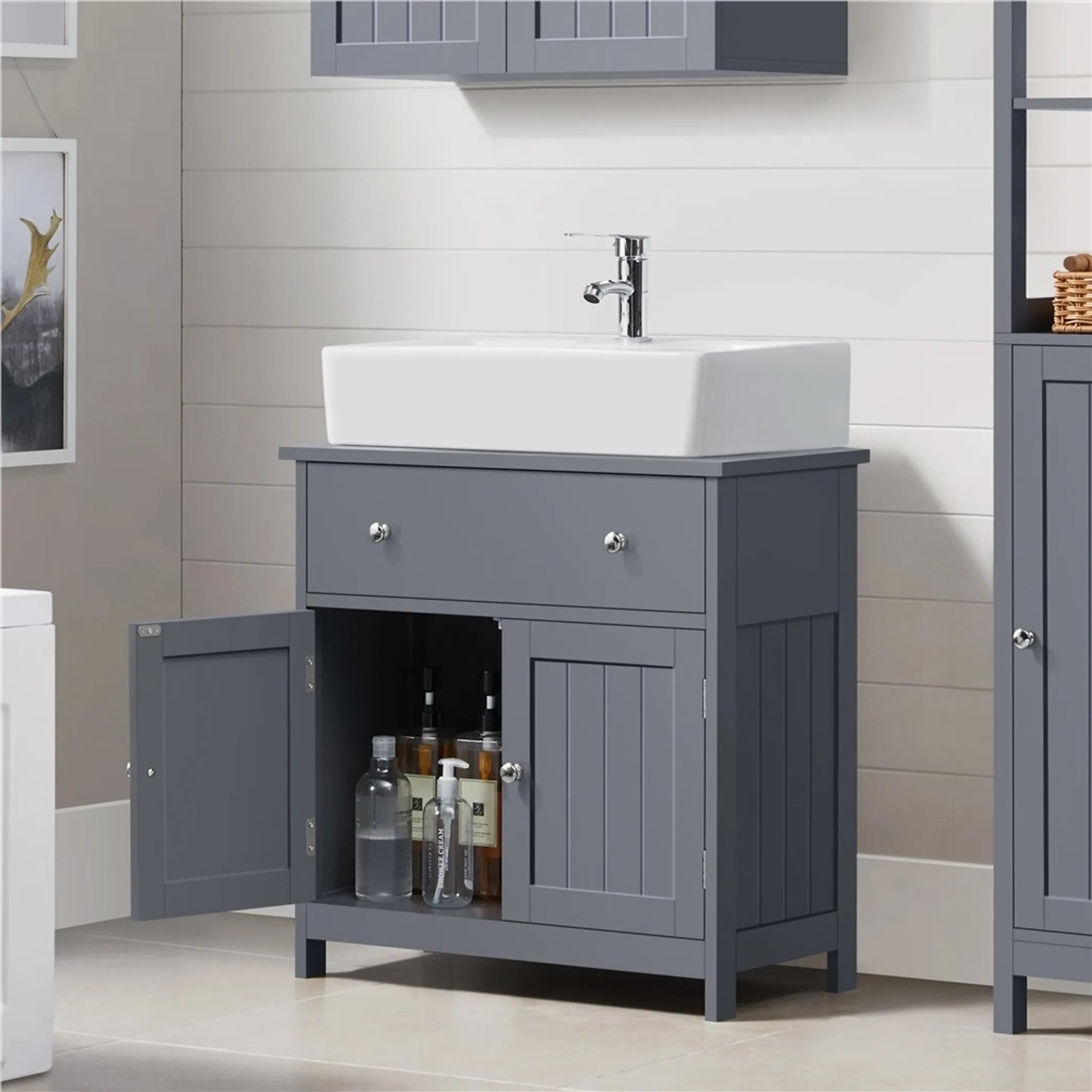 Yaheetech Wastafelonderkast Met Lade En Twee Vakken – Voorzien Van Sifonuitsparing En Waterafstotende Coating En Metalen Beslag – Voor Badkamer In Landelijke Stijl – Donkergrijs Mdf En Metaal – 60 x 30 x 60 cm